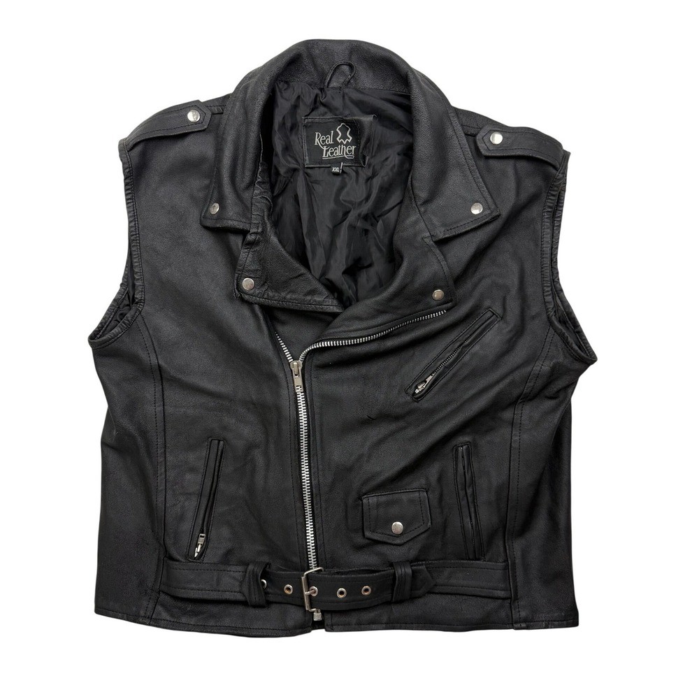 Real Leather Black Leather Motorcycle Biker Vest Men's XXL Belted Vintage 1990s
